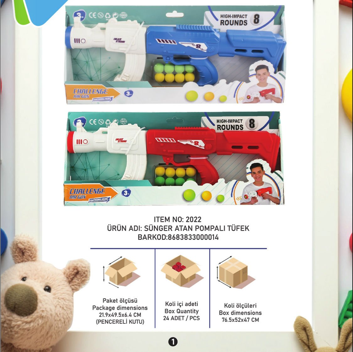Oyuncak Top Atan Tüfek 50 Cm 8 Adet Sünger Top