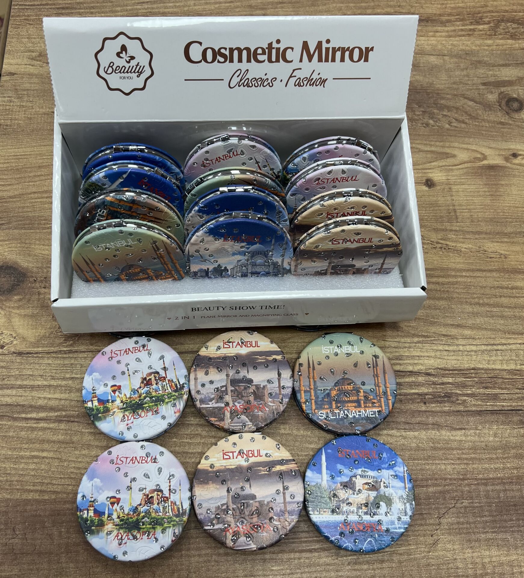 Toptan 12 Adet İstanbul Desenli Cep Aynası Oval Cep Çanta Makyaj Aynası