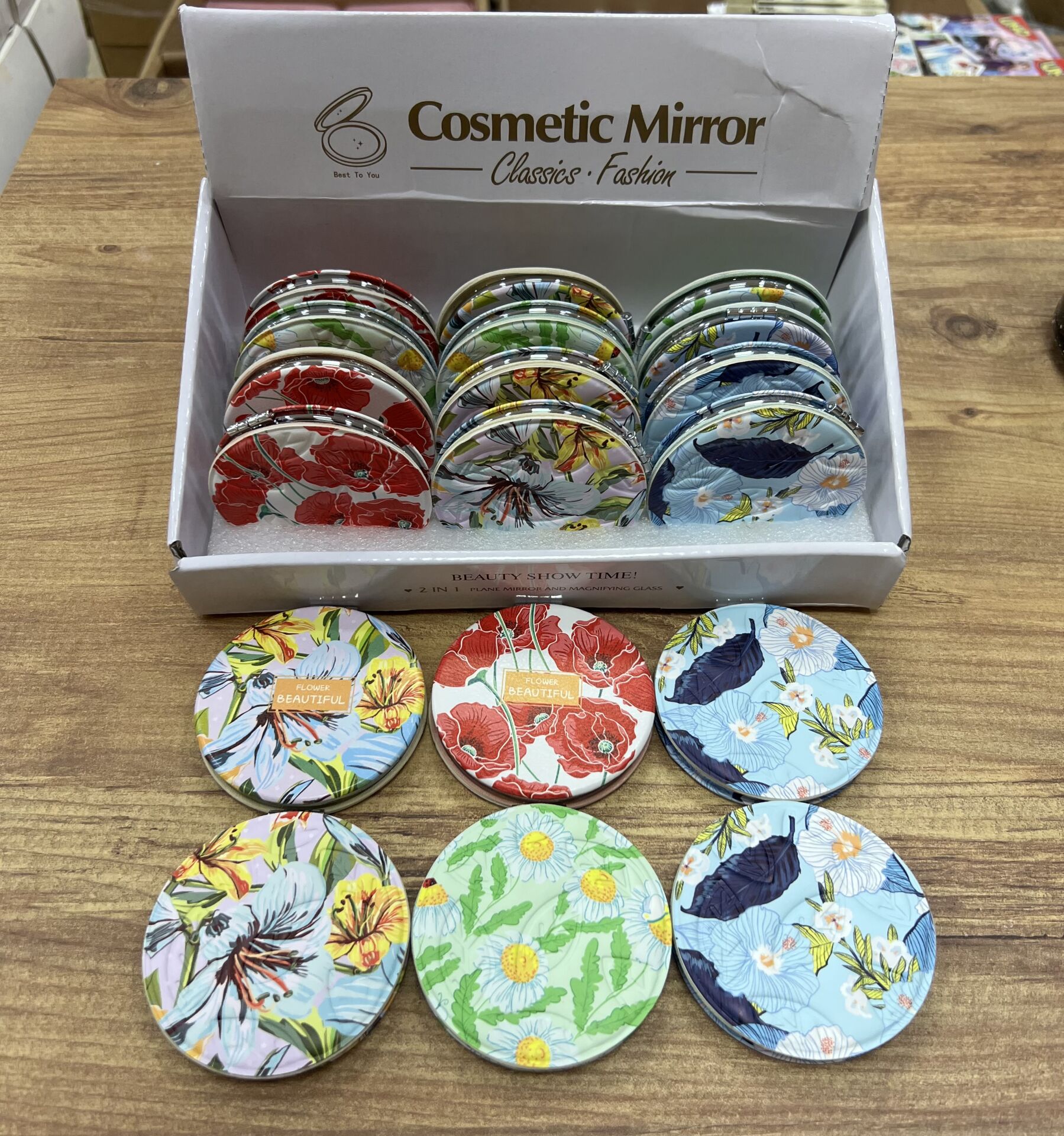 Toptan 12 Adet Çiçek Desenli Cep Aynası Oval Cep Çanta Makyaj Aynası