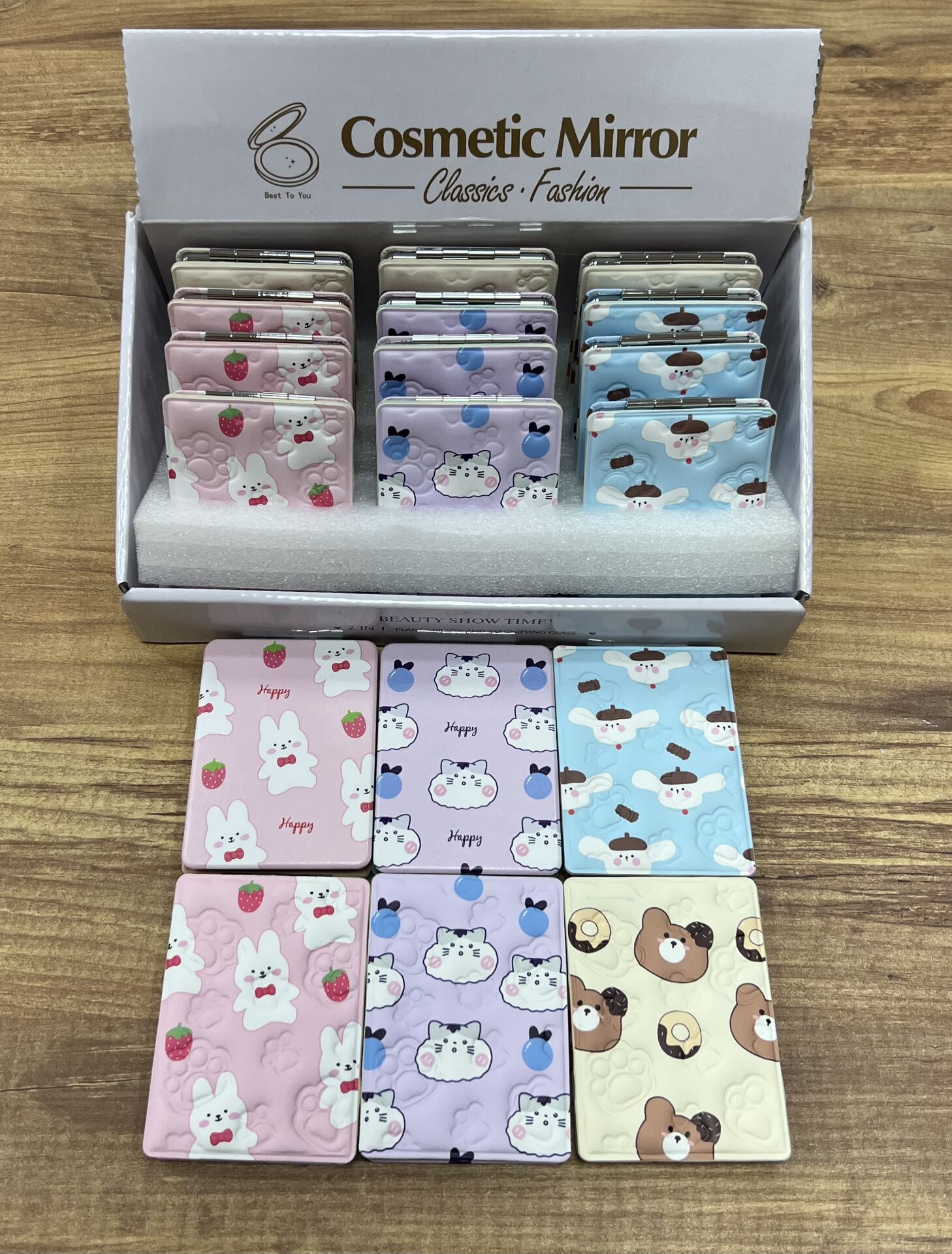 Toptan 12 Adet Sweet Animal Desenli  Cep Aynası Dikdörtgen Cep Çanta Makyaj Aynası