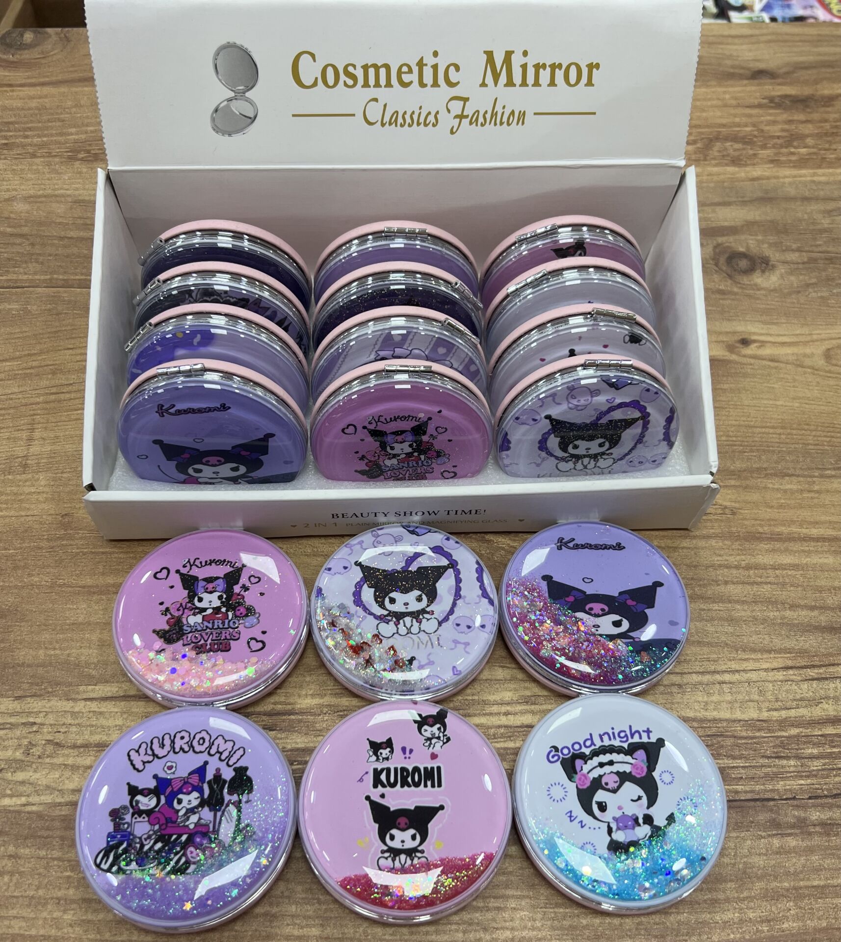 Toptan 12 Adet Kuromi Parlak Simli Cep Aynası Oval  Cep Çanta Makyaj Aynası