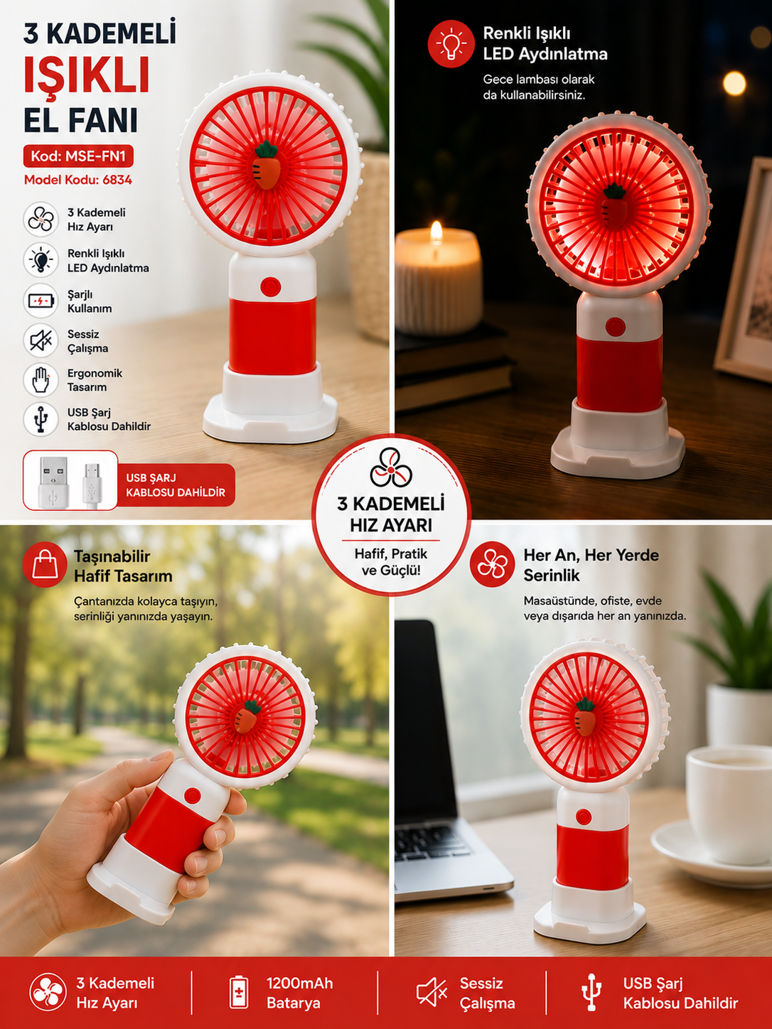 3 Kademeli Işıklı Şarjlı El Fanı Telefon Tutuculu Masaüstü Mini Fan