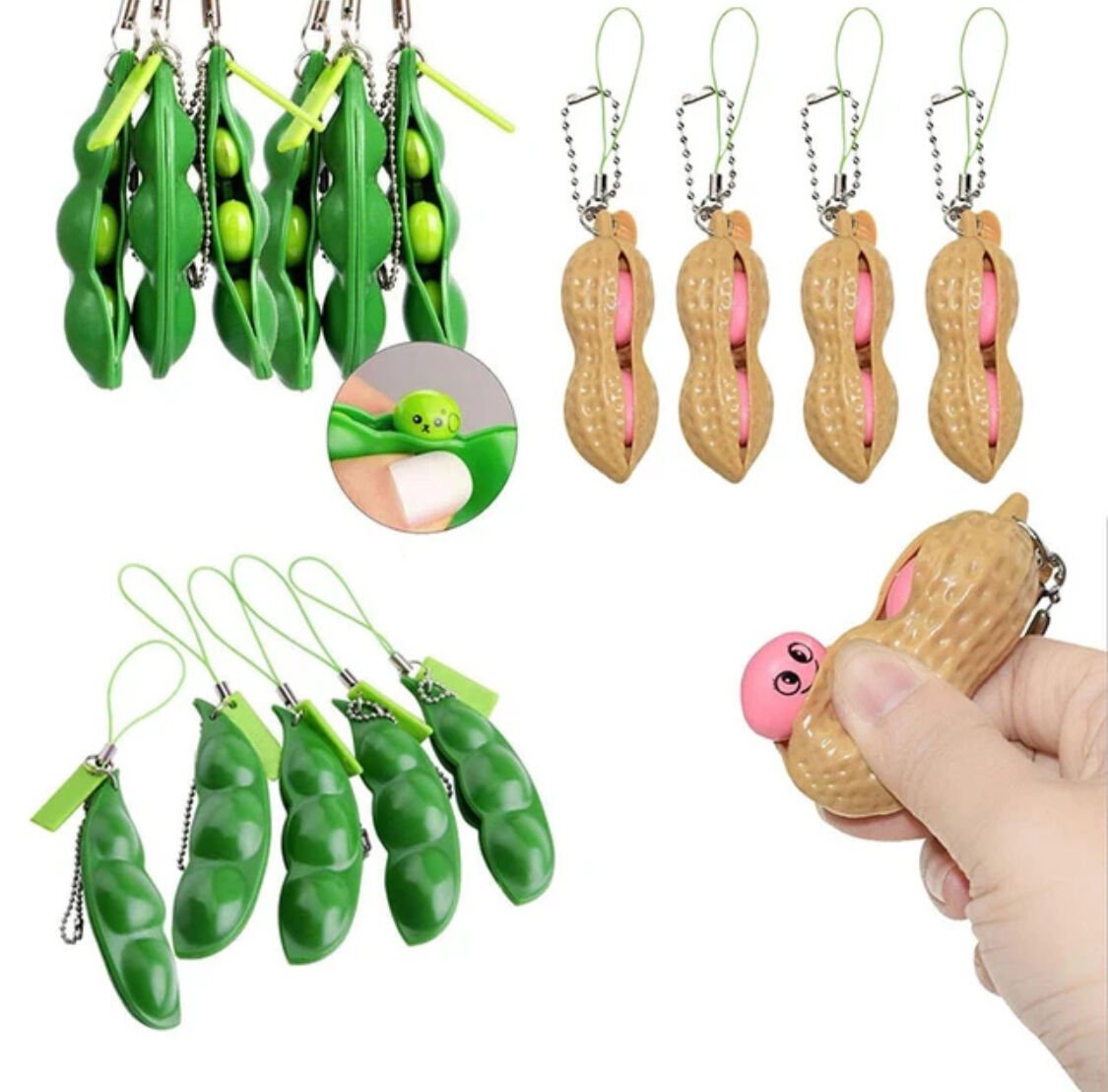 12 adet Fıstık  bezelye Squishy sıkmalı oyuncaklar Antistres fasulye anahtarlık