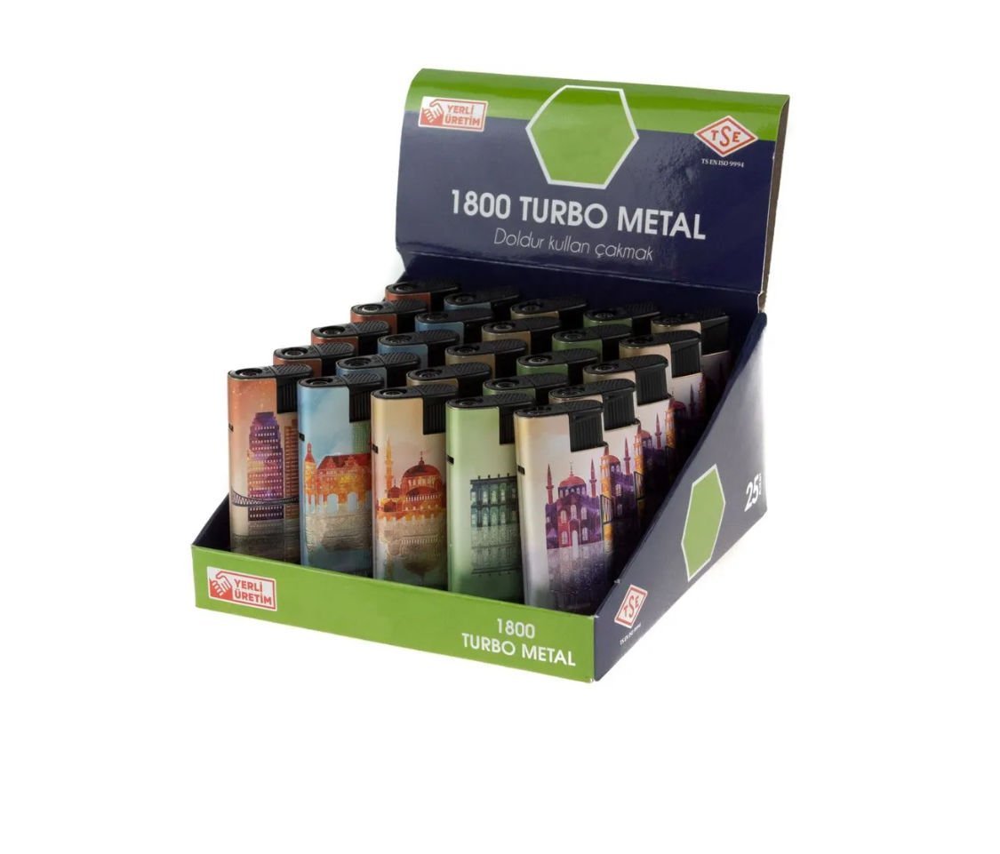 Toptan 25 Adet Çakmak Turbo 1800 Turbo İstanbul Metal Rüzgarda Sönmeyen Çakmak